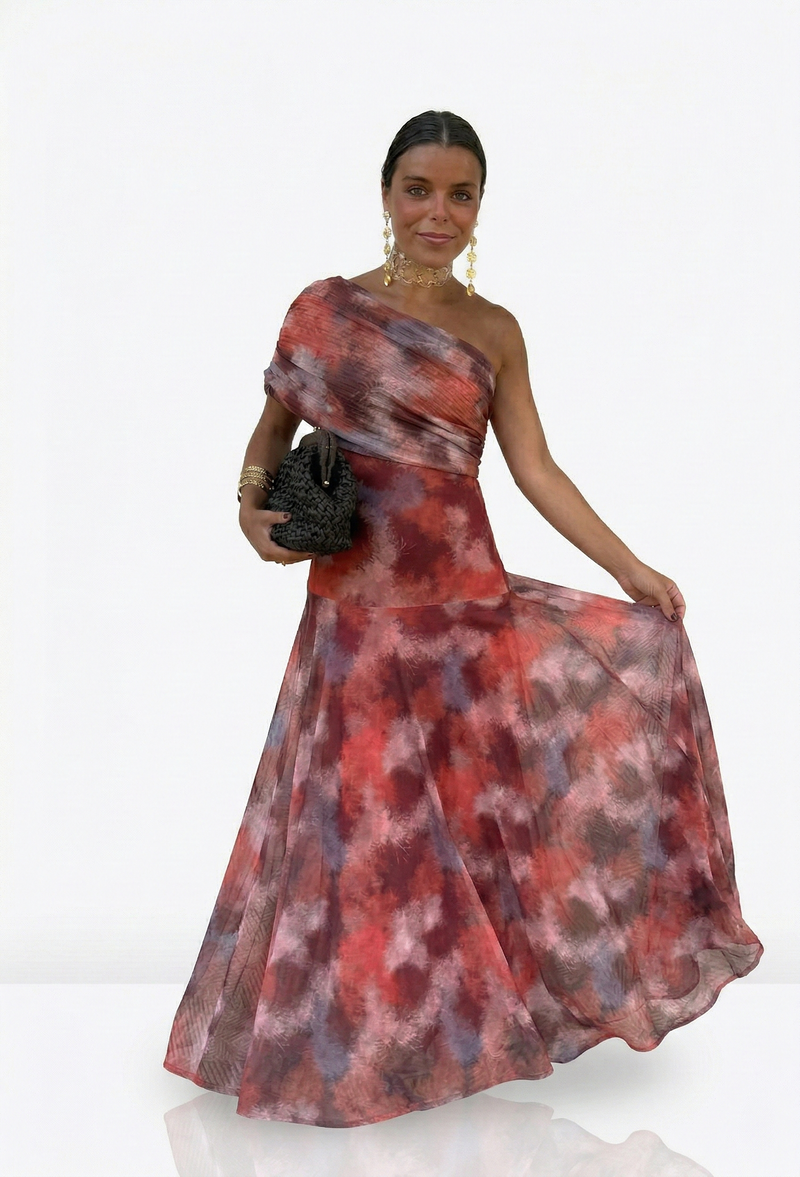 Catarina | Vestido Maxi Assimétrico com Estampado Abstrato