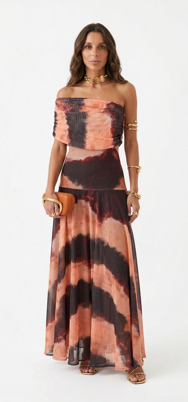 Catarina | Vestido Maxi Assimétrico com Estampado Abstrato