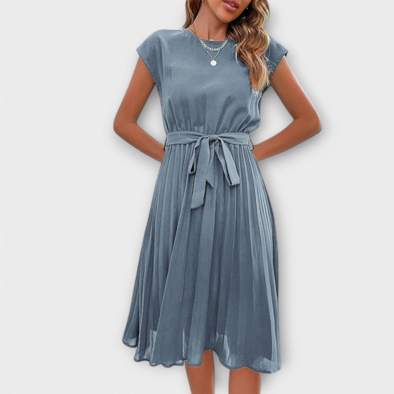 Claire - Manga curta, plissado, vestido midi casual