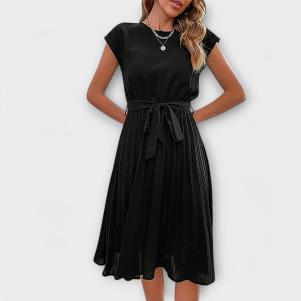 Claire - Manga curta, plissado, vestido midi casual