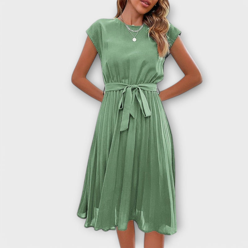Claire - Manga curta, plissado, vestido midi casual
