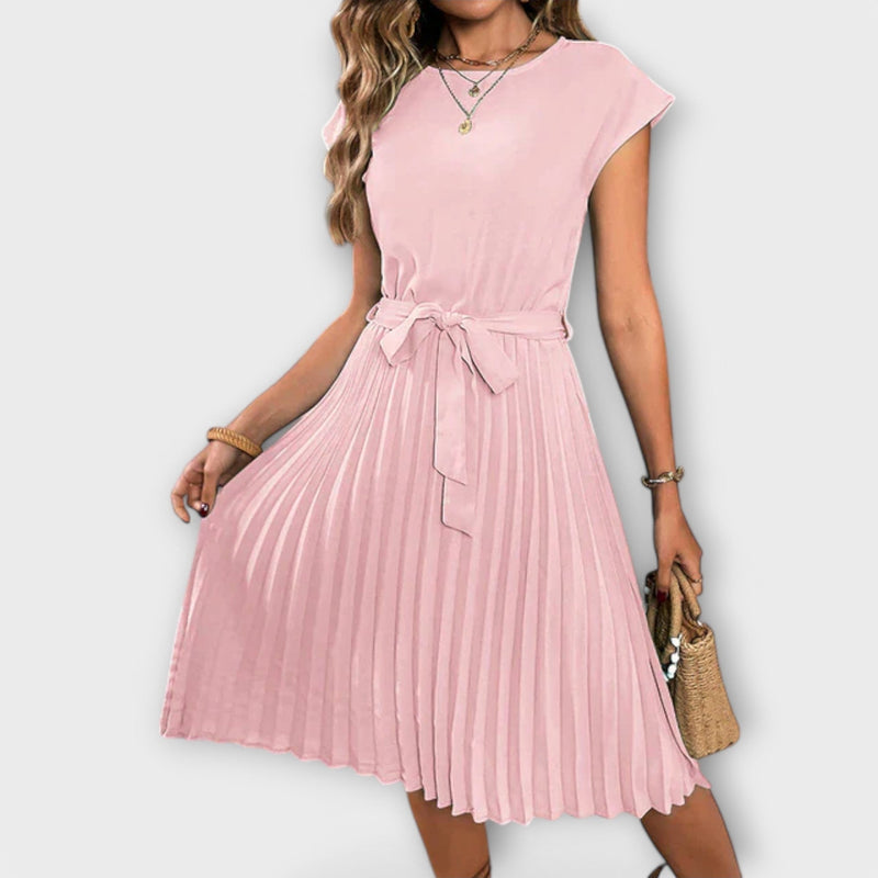 Claire - Manga curta, plissado, vestido midi casual