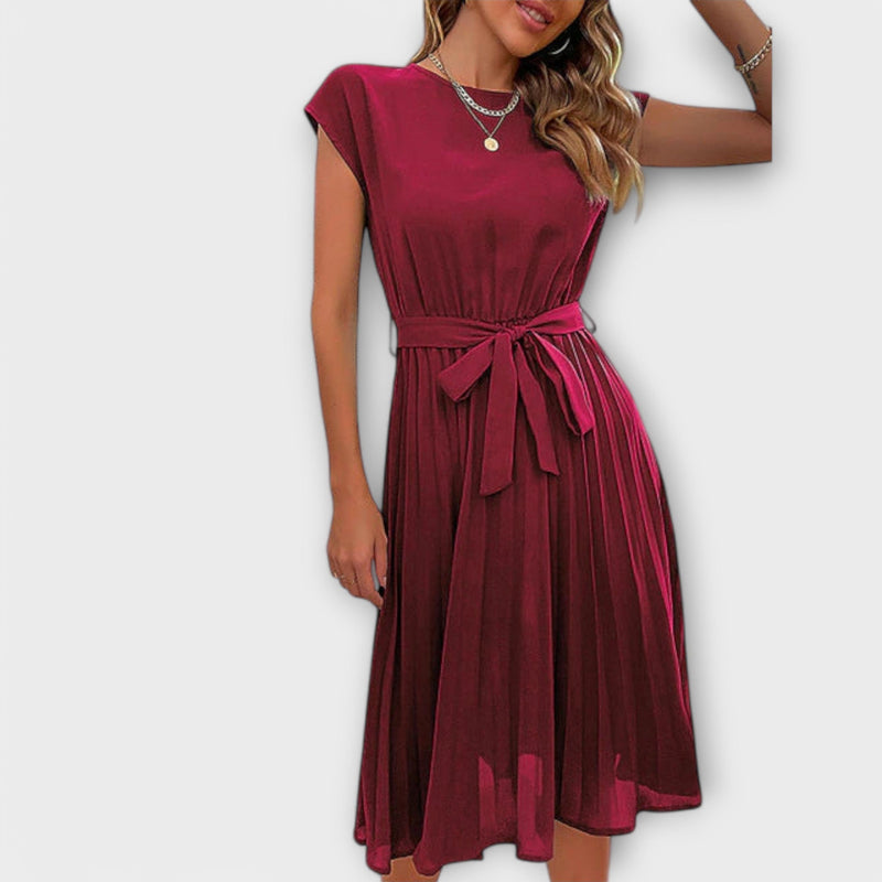 Claire - Manga curta, plissado, vestido midi casual