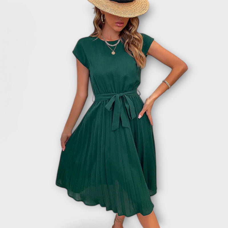 Claire - Manga curta, plissado, vestido midi casual