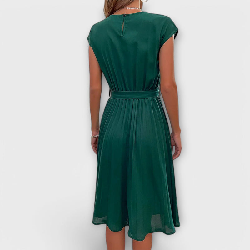 Claire - Manga curta, plissado, vestido midi casual