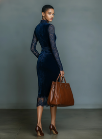 Ellie | Elegante e Fashion Midi-vestido Azul Escuro para Mulheres com Decote em V e Detalhes em Renda, além de Mangas