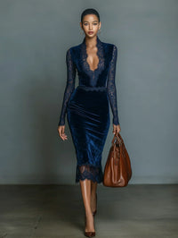 Ellie | Elegante e Fashion Midi-vestido Azul Escuro para Mulheres com Decote em V e Detalhes em Renda, além de Mangas