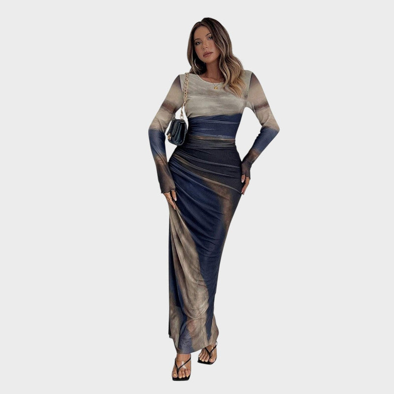 Amélia - Vestido maxi justo com mangas compridas