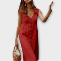 Nora – Vestido em linha A de algodão e linho com decote em V