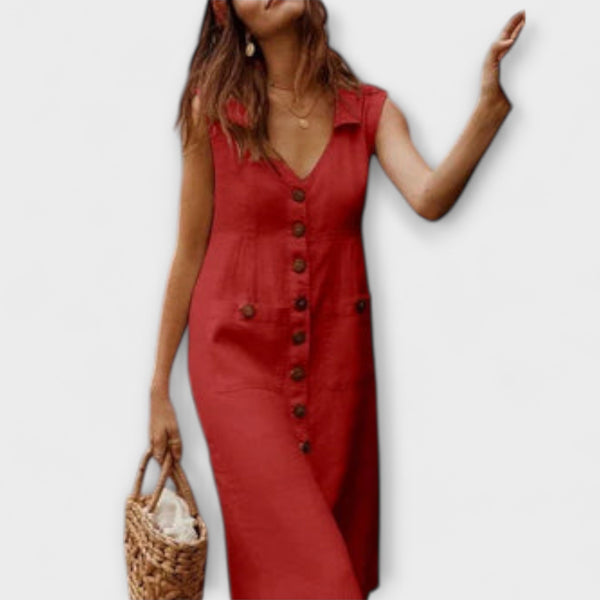 Nora – Vestido em linha A de algodão e linho com decote em V