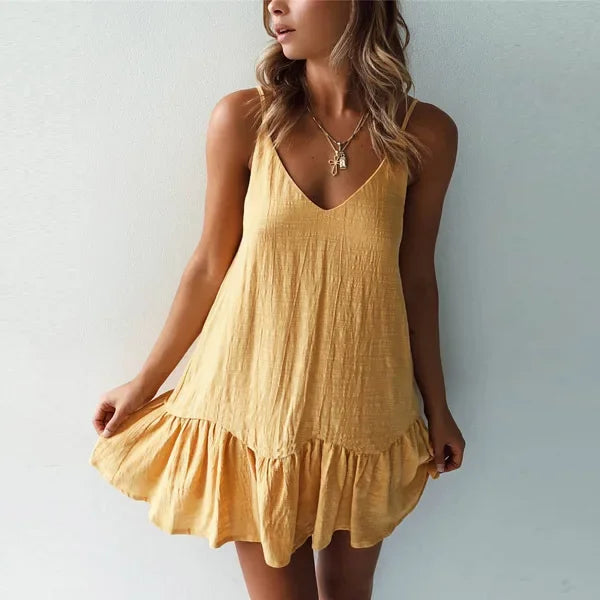 Vestido mini com volantes e alças finas para mulher com decote em V