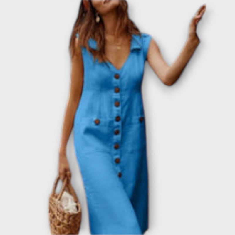 Nora – Vestido em linha A de algodão e linho com decote em V