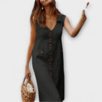 Nora – Vestido em linha A de algodão e linho com decote em V