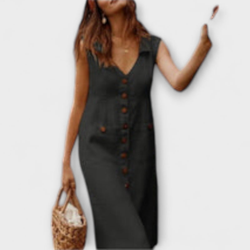 Nora – Vestido em linha A de algodão e linho com decote em V