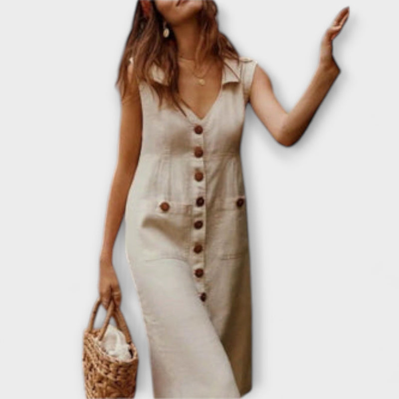 Nora – Vestido em linha A de algodão e linho com decote em V