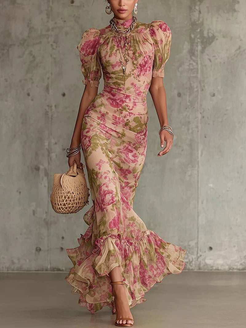 Fiora ∙ Vestido longo com estampado vintage de rosas e mangas bufantes