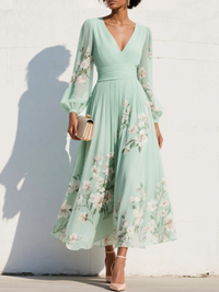 Vestido midi floral plissado de chiffon com decote em V verde claro