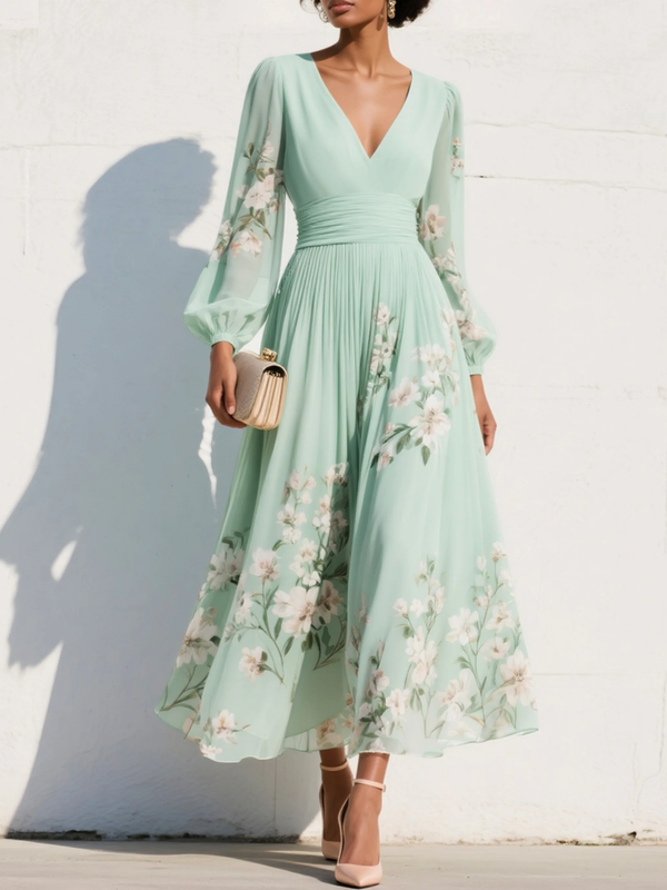 Vestido midi floral plissado de chiffon com decote em V verde claro
