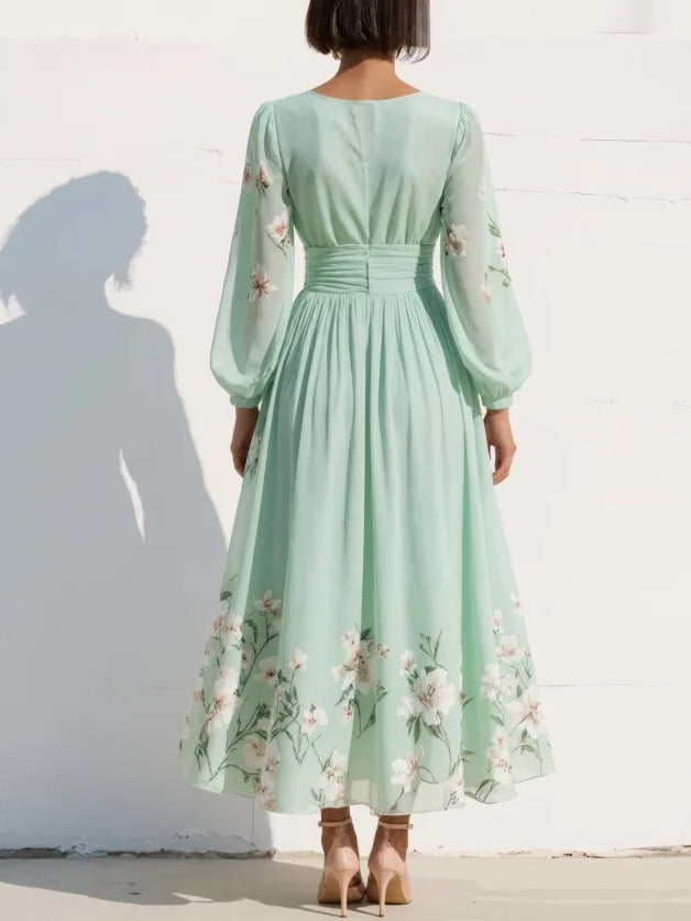 Vestido midi floral plissado de chiffon com decote em V verde claro