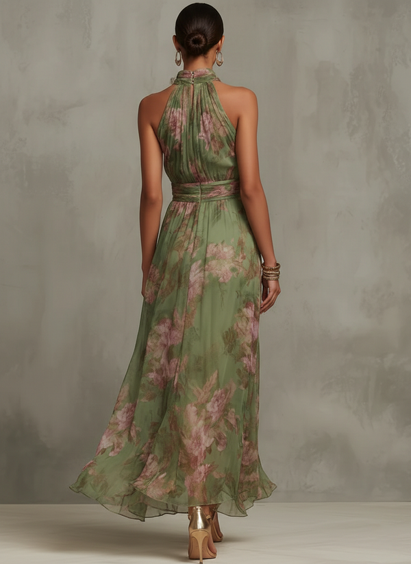 Serena ∙ Vestido largo verde floral em chiffon com decote halter