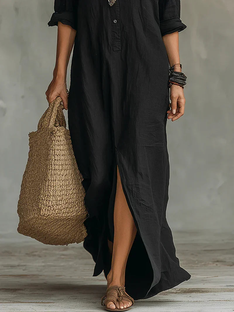Selena™ | Vestido Maxi Preto Largueiro com Botões