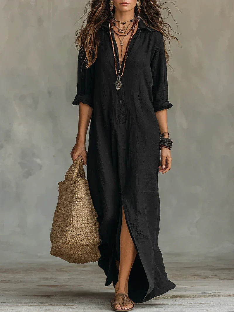 Selena™ | Vestido Maxi Preto Largueiro com Botões