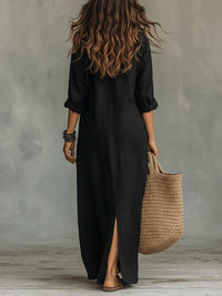 Selena™ | Vestido Maxi Preto Largueiro com Botões