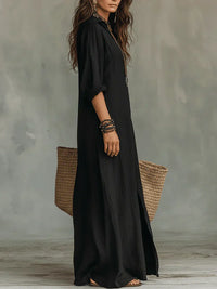 Selena™ | Vestido Maxi Preto Largueiro com Botões