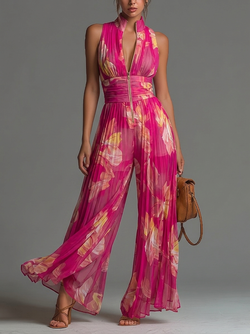 Leabella | Macacão Plissado Floral Fúcsia