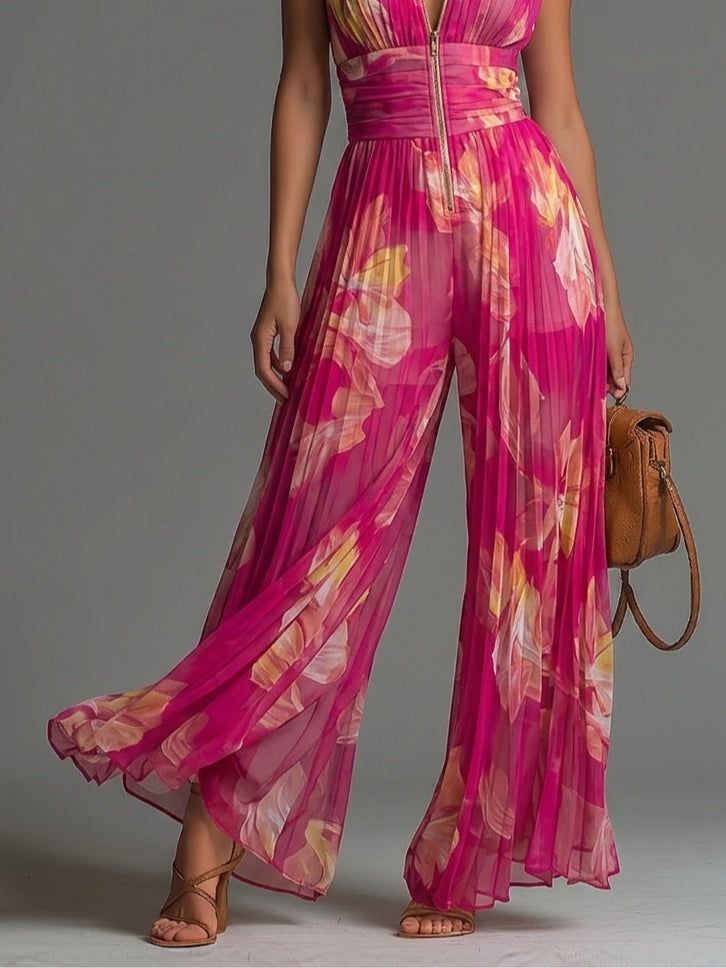 Leabella | Macacão Plissado Floral Fúcsia