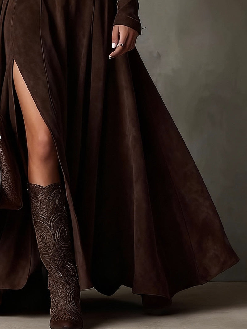 Vestido de Suede Sintético com Gola Alta, Manga Longa e Abertura (Inclui cinto)