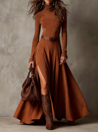 Vestido de Suede Sintético com Gola Alta, Manga Longa e Abertura (Inclui cinto)