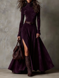 Vestido de Suede Sintético com Gola Alta, Manga Longa e Abertura (Inclui cinto)