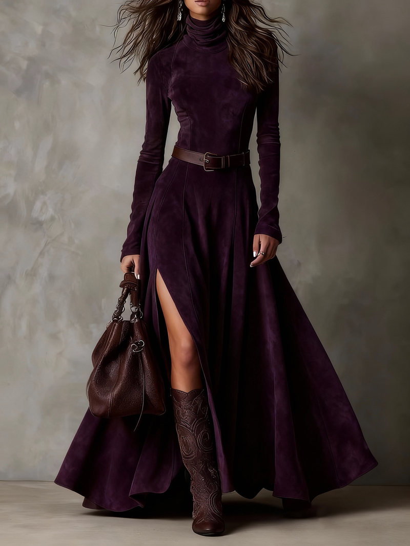 Vestido de Suede Sintético com Gola Alta, Manga Longa e Abertura (Inclui cinto)