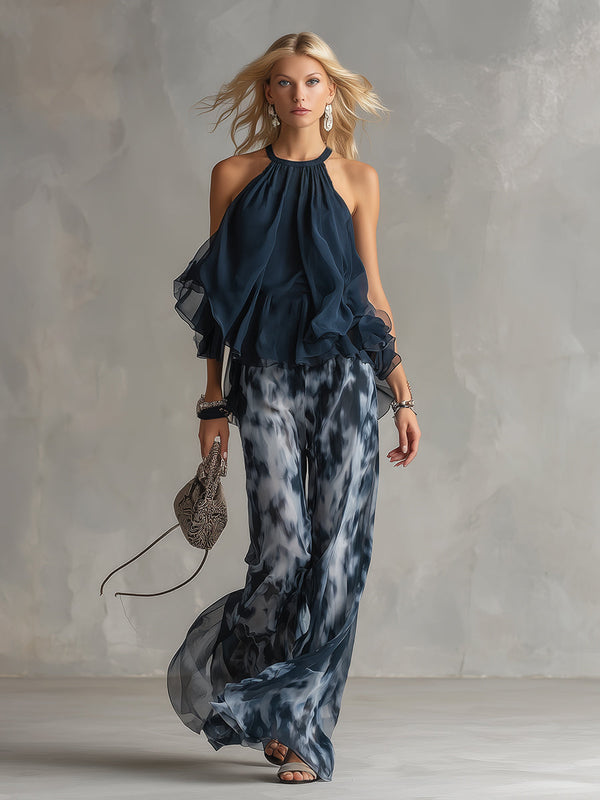 Ludovica | Conjunto Elegante com Top de Gola Alta e Calças Largas Impressas