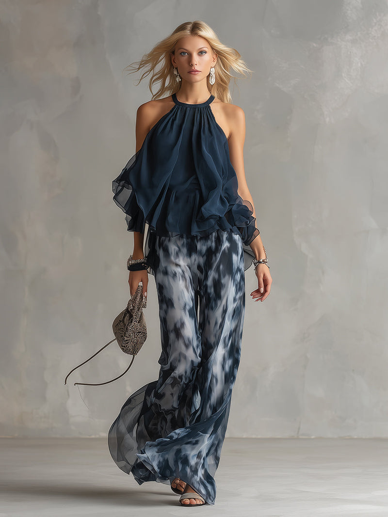 Ludovica | Conjunto Elegante com Top de Gola Alta e Calças Largas Impressas