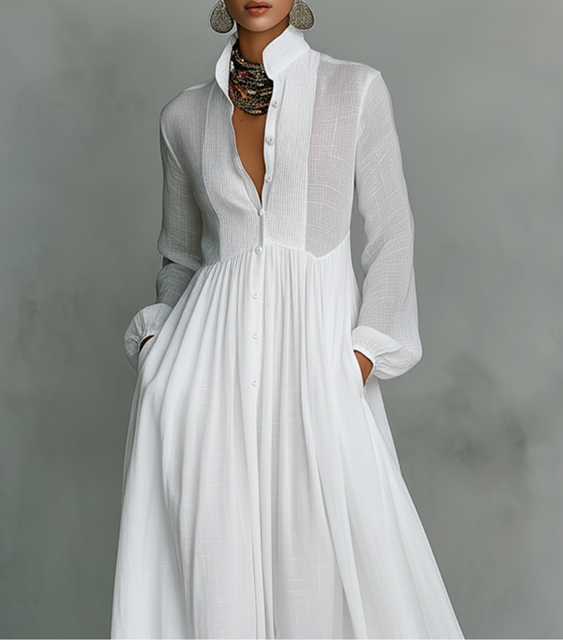 Alba Montiel™ | Vestido minimalista de algodão e linho com patchwork, gola alta e mangas longas