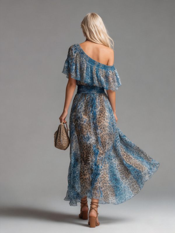 Selvaggia | Vestido Maxi Off-Shoulder com Padrão de Leopardo