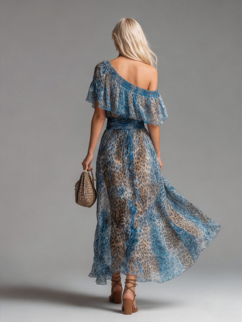 Selvaggia | Vestido Maxi Off-Shoulder com Padrão de Leopardo