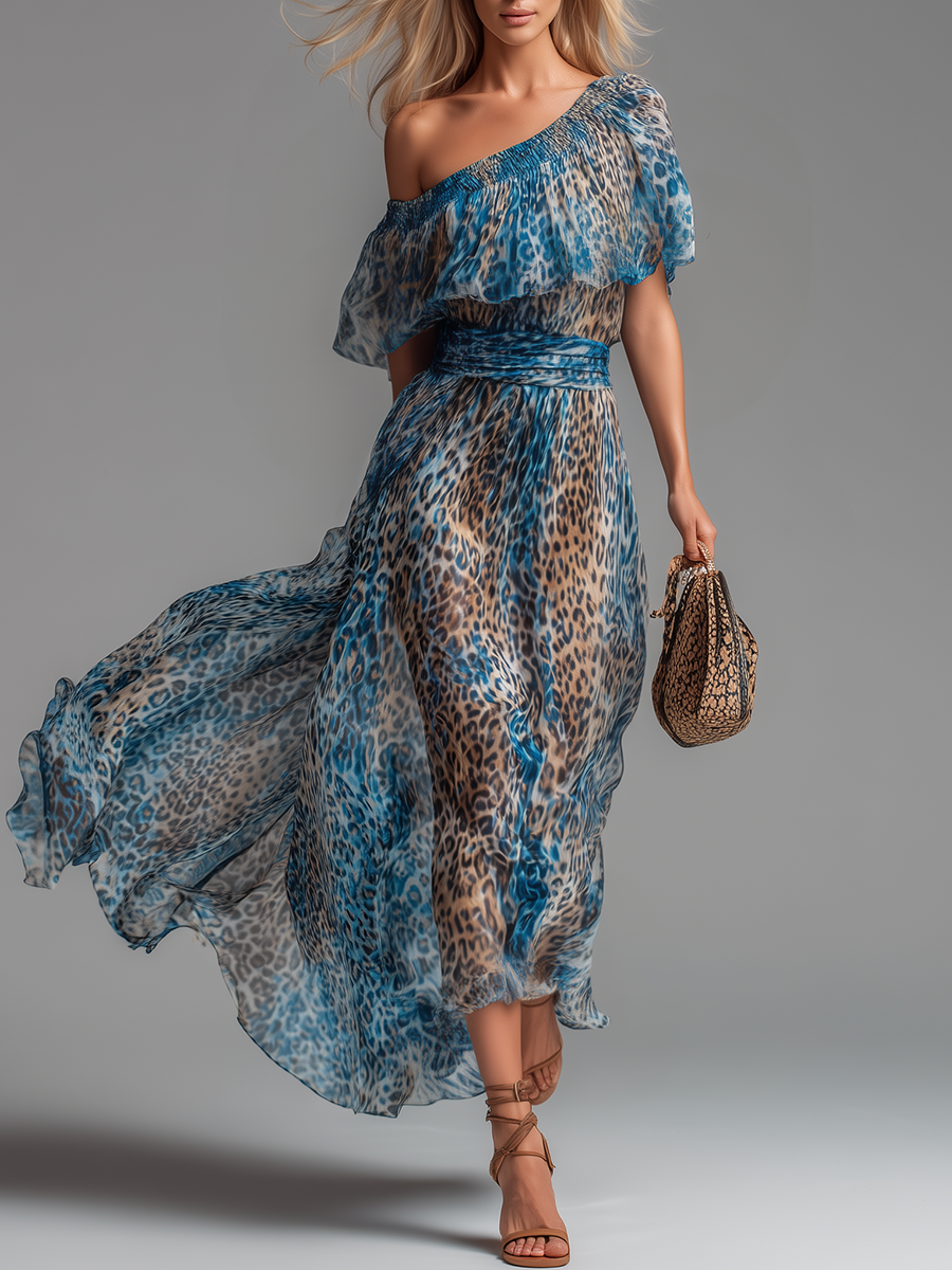 Selvaggia | Vestido Maxi Off-Shoulder com Padrão de Leopardo