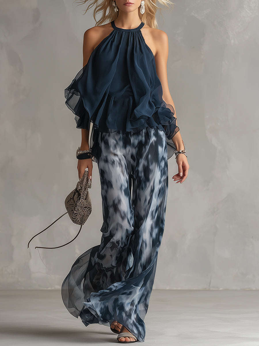 Ludovica | Conjunto Elegante com Top de Gola Alta e Calças Largas Impressas