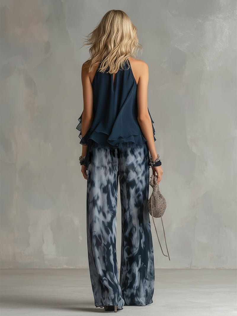 Ludovica | Conjunto Elegante com Top de Gola Alta e Calças Largas Impressas