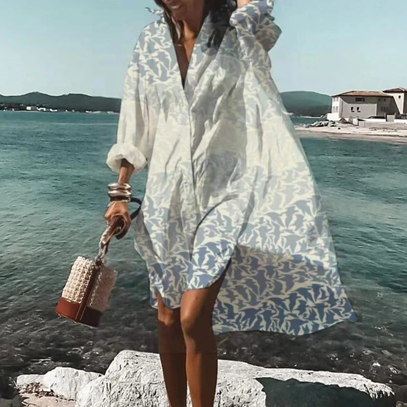 Vestido camisero extragrande para mulher com estampado artístico e botões na parte da frente