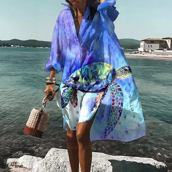 Vestido camisero extragrande para mulher com estampado artístico e botões na parte da frente