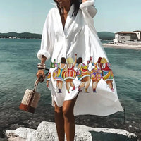 Vestido camisero extragrande para mulher com estampado artístico e botões na parte da frente