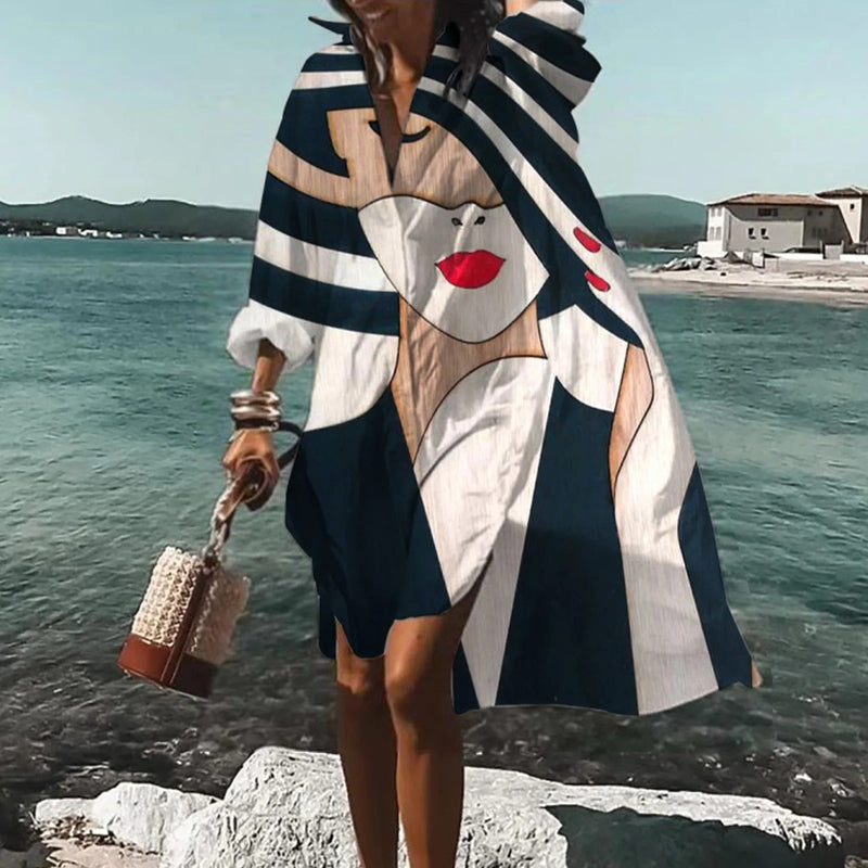 Vestido camisero extragrande para mulher com estampado artístico e botões na parte da frente
