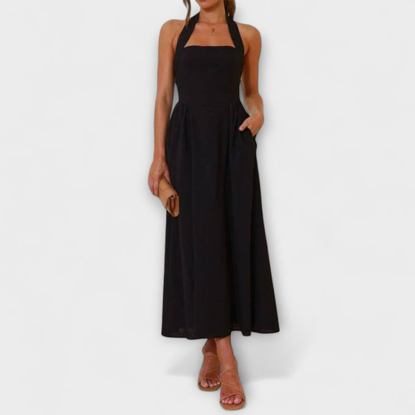 Lydia - Vestido halter negro de comprimento midi com detalhe na cintura
