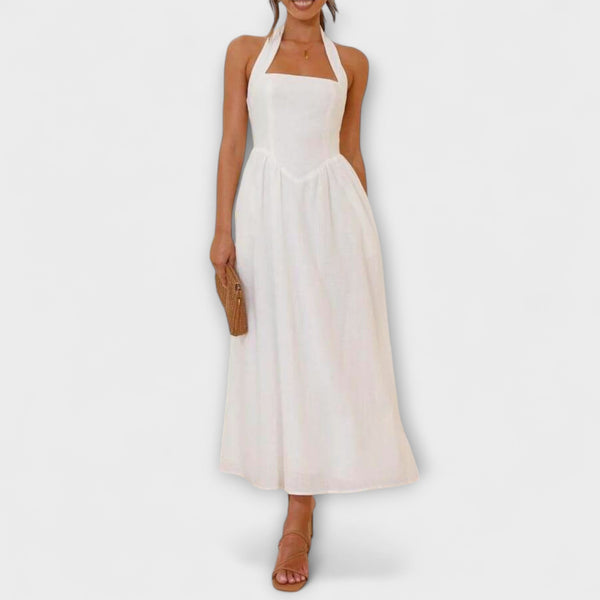 Lydia - Vestido halter negro de comprimento midi com detalhe na cintura