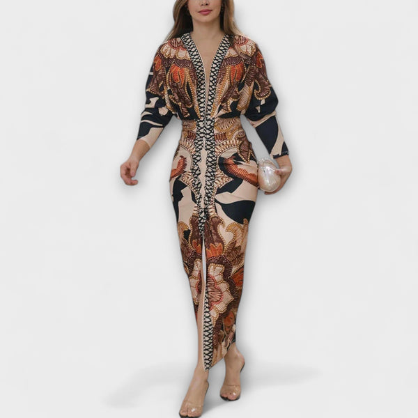 Cleo - vestidos midi únicos com mangas tipo dolman e estampado brasileiro
