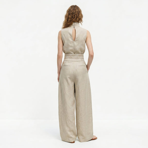 Madalena | Conjunto de Linho Premium com Gola Alta e Calças Wide Leg